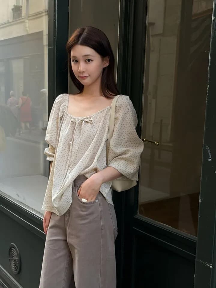 chic 한 부서 가을 부드러운 달콤함 연령 감소 꽃무늬 광장 칼라 끈 연꽃 잎 소매 캐주얼 다용도 셔츠 맨위 상세 이미지 5