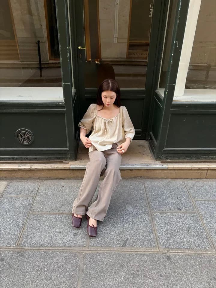 chic 한 부서 가을 부드러운 달콤함 연령 감소 꽃무늬 광장 칼라 끈 연꽃 잎 소매 캐주얼 다용도 셔츠 맨위 상세 이미지 6