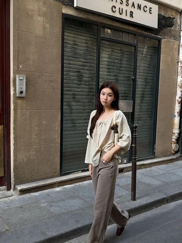chic 한 부서 가을 부드러운 달콤함 연령 감소 꽃무늬 광장 칼라 끈 연꽃 잎 소매 캐주얼 다용도 셔츠 맨위 상세 이미지 7