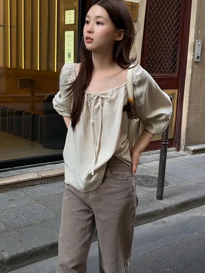 chic 한 부서 가을 부드러운 달콤함 연령 감소 꽃무늬 광장 칼라 끈 연꽃 잎 소매 캐주얼 다용도 셔츠 맨위 상세 이미지 8