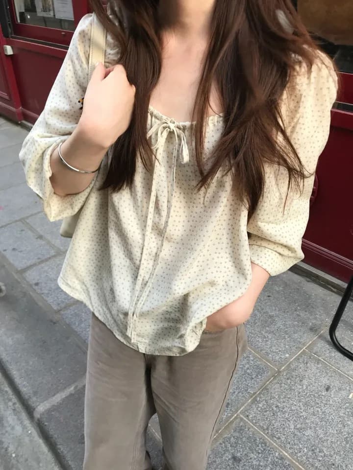 chic 한 부서 가을 부드러운 달콤함 연령 감소 꽃무늬 광장 칼라 끈 연꽃 잎 소매 캐주얼 다용도 셔츠 맨위 상세 이미지 9