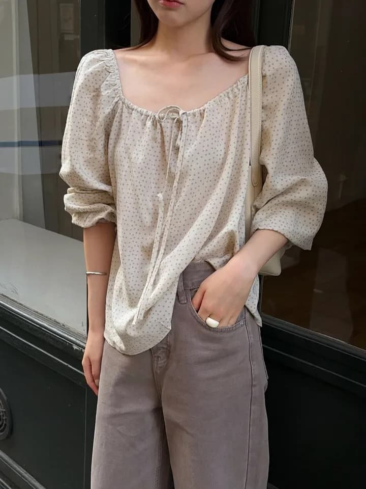 chic 한 부서 가을 부드러운 달콤함 연령 감소 꽃무늬 광장 칼라 끈 연꽃 잎 소매 캐주얼 다용도 셔츠 맨위 상세 이미지 12