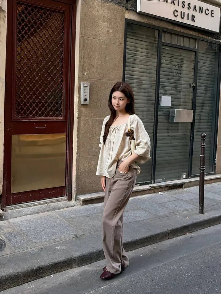 chic 한 부서 가을 부드러운 달콤함 연령 감소 꽃무늬 광장 칼라 끈 연꽃 잎 소매 캐주얼 다용도 셔츠 맨위 상세 이미지 13