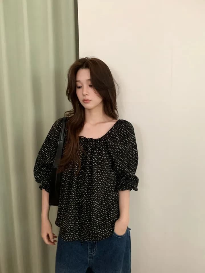 chic 한 부서 가을 부드러운 달콤함 연령 감소 꽃무늬 광장 칼라 끈 연꽃 잎 소매 캐주얼 다용도 셔츠 맨위 상세 이미지 14