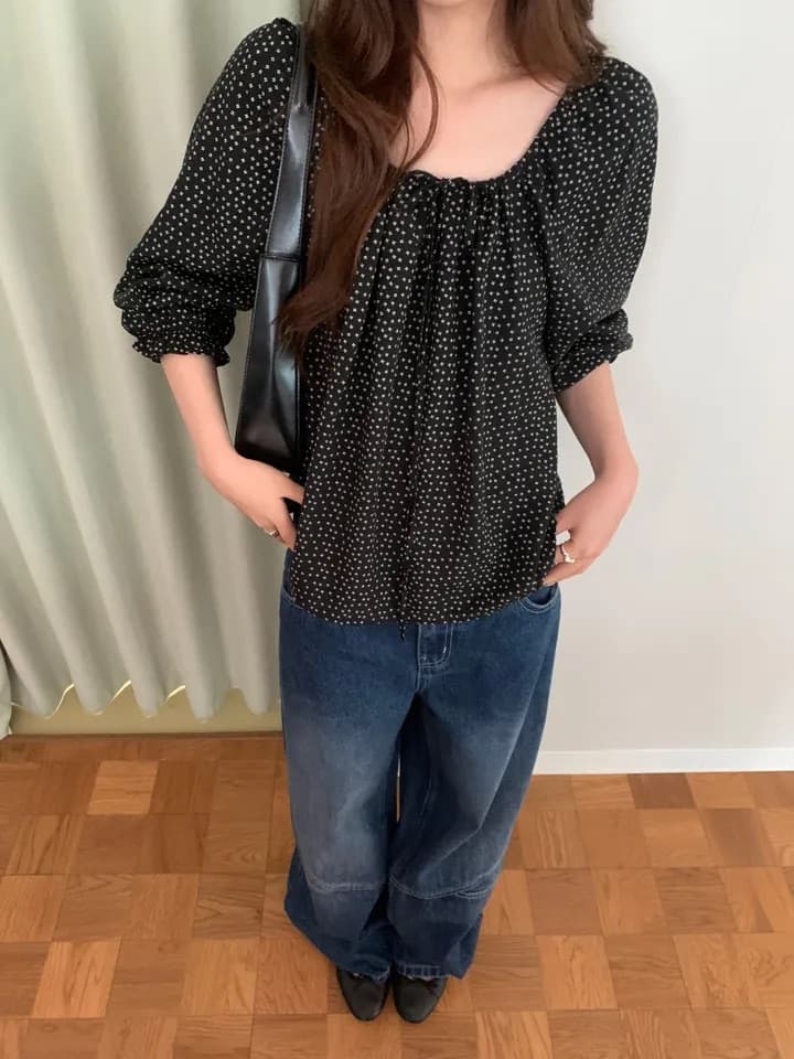 chic 한 부서 가을 부드러운 달콤함 연령 감소 꽃무늬 광장 칼라 끈 연꽃 잎 소매 캐주얼 다용도 셔츠 맨위 상세 이미지 16