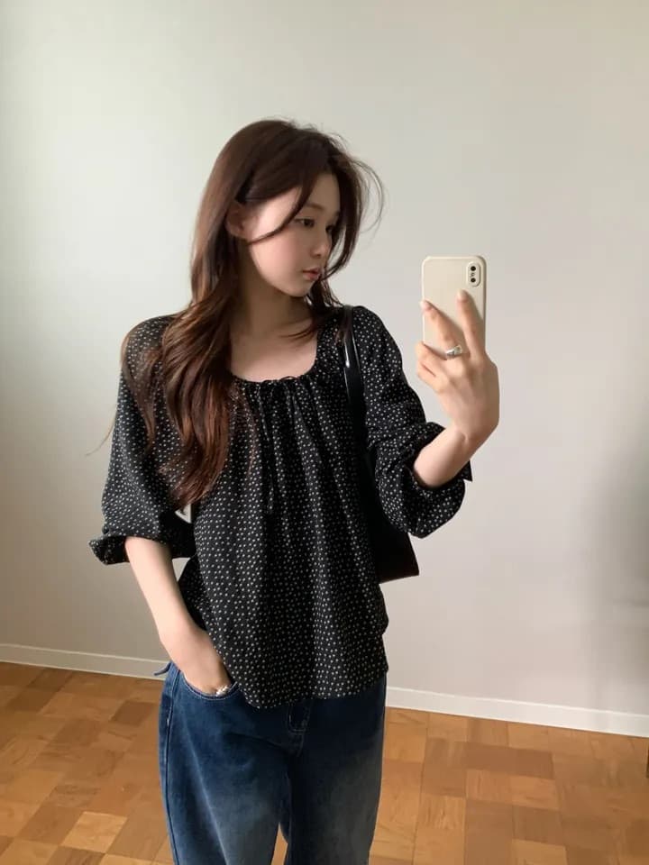 chic 한 부서 가을 부드러운 달콤함 연령 감소 꽃무늬 광장 칼라 끈 연꽃 잎 소매 캐주얼 다용도 셔츠 맨위 상세 이미지 23