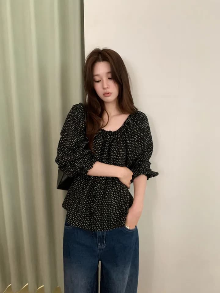 chic 한 부서 가을 부드러운 달콤함 연령 감소 꽃무늬 광장 칼라 끈 연꽃 잎 소매 캐주얼 다용도 셔츠 맨위 상세 이미지 26