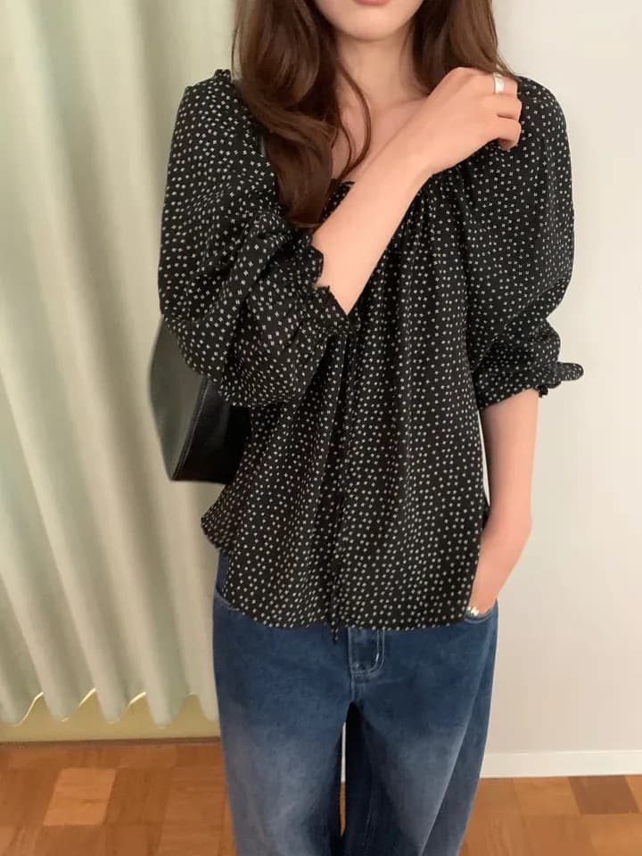 chic 한 부서 가을 부드러운 달콤함 연령 감소 꽃무늬 광장 칼라 끈 연꽃 잎 소매 캐주얼 다용도 셔츠 맨위 상세 이미지 32