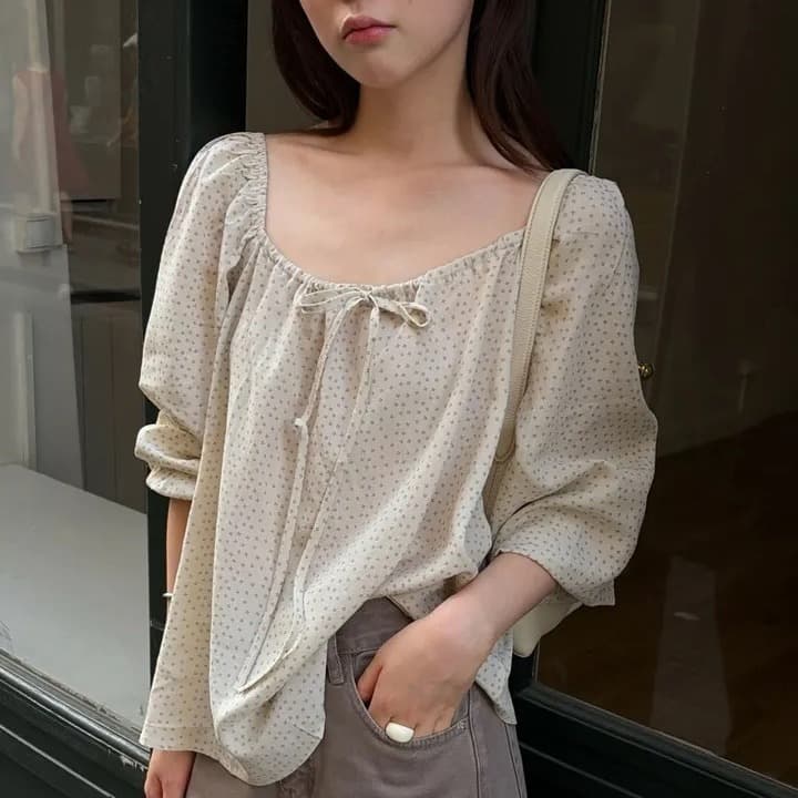 chic 한 부서 가을 부드러운 달콤함 연령 감소 꽃무늬 광장 칼라 끈 연꽃 잎 소매 캐주얼 다용도 셔츠 맨위 이미지 2