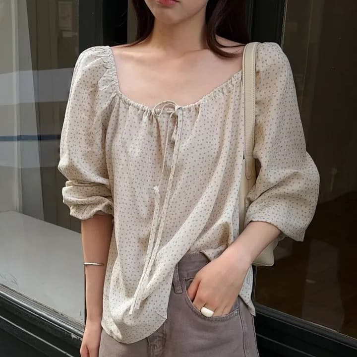 chic 한 부서 가을 부드러운 달콤함 연령 감소 꽃무늬 광장 칼라 끈 연꽃 잎 소매 캐주얼 다용도 셔츠 맨위 이미지 3