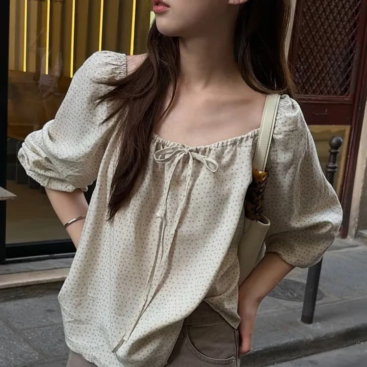 chic 한 부서 가을 부드러운 달콤함 연령 감소 꽃무늬 광장 칼라 끈 연꽃 잎 소매 캐주얼 다용도 셔츠 맨위 이미지 4
