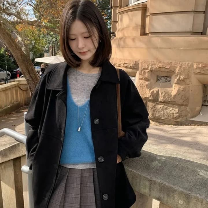 ins 한국 스타일 가을 겨울 레트로 아름다움 라드. 폴로 칼라 싱글 줄 버튼 영국식 품격 캐주얼 스웨이드 원단 재킷 재킷 이미지 3