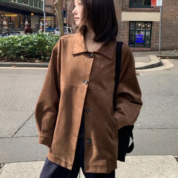 ins 한국 스타일 가을 겨울 레트로 아름다움 라드. 폴로 칼라 싱글 줄 버튼 영국식 품격 캐주얼 스웨이드 원단 재킷 재킷 이미지 4