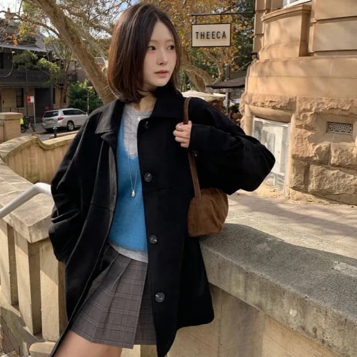 ins 한국 스타일 가을 겨울 레트로 아름다움 라드. 폴로 칼라 싱글 줄 버튼 영국식 품격 캐주얼 스웨이드 원단 재킷 재킷