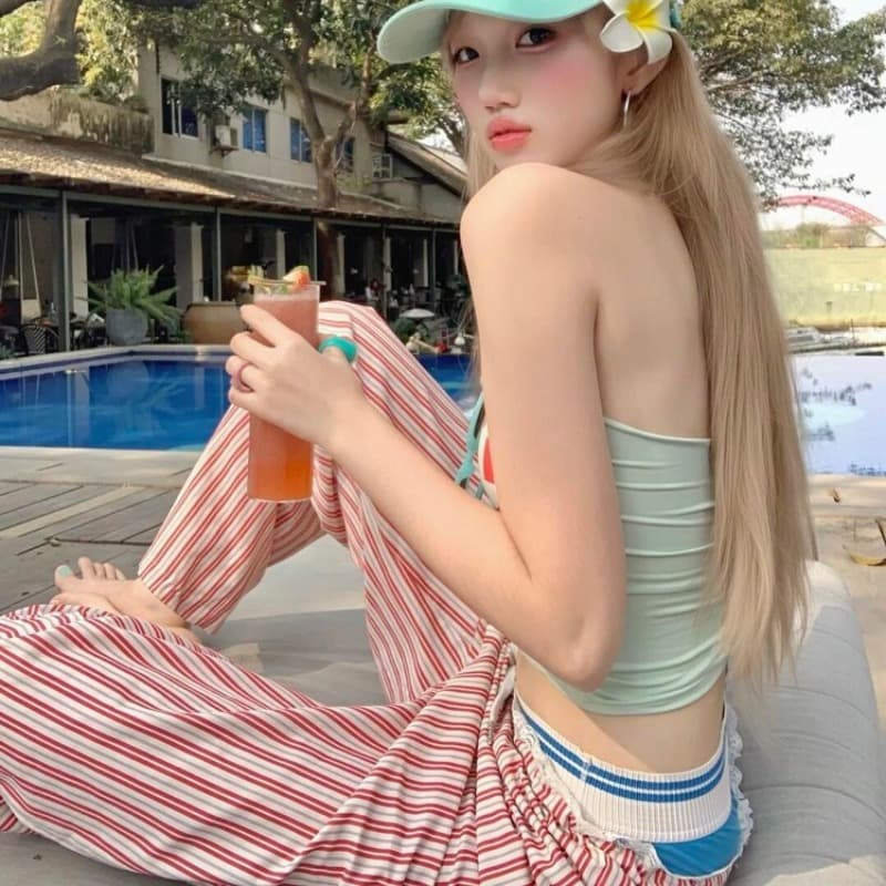 재고 있음 느긋한 바람 스트라이프 배색 레이스 측면 허리 머리 캐주얼 바지 여성 와이드 레그 팬츠 핫걸 알파벳 프린트 조끼 상세 이미지 6