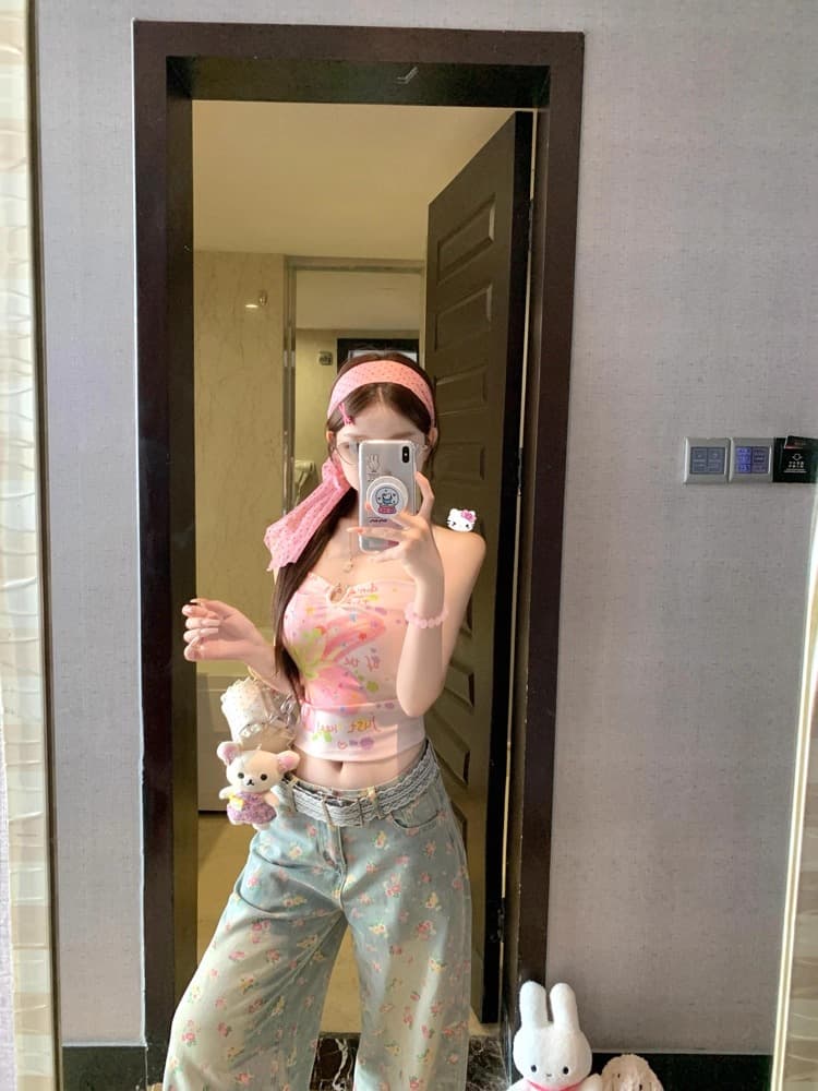 재고 있음 달콤한 핫걸 프린트 비즈 행침 목 캐미솔 여름 몸매 가꾸기 섹시함 백리스 쇼트 스타일 맨위 상세 이미지 3