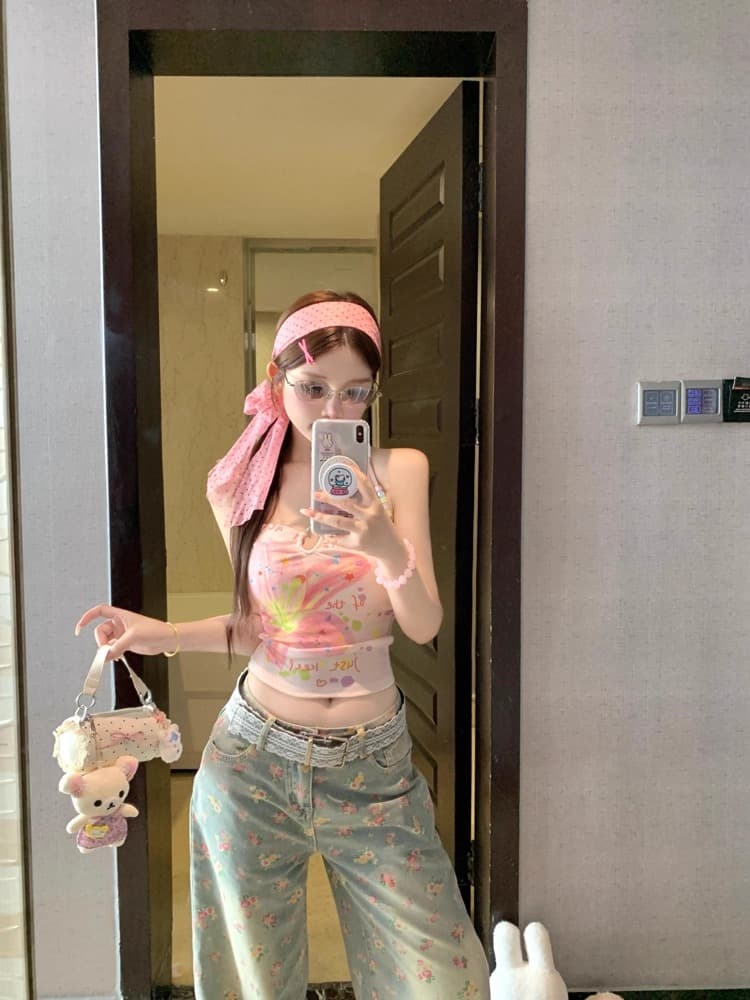 재고 있음 달콤한 핫걸 프린트 비즈 행침 목 캐미솔 여름 몸매 가꾸기 섹시함 백리스 쇼트 스타일 맨위 상세 이미지 4
