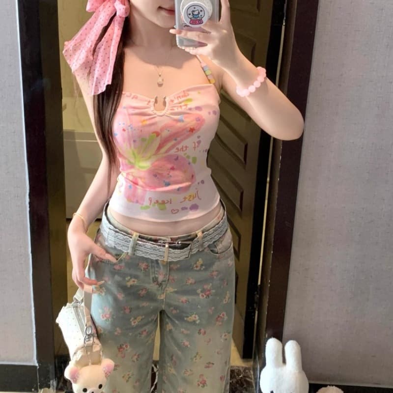 재고 있음 달콤한 핫걸 프린트 비즈 행침 목 캐미솔 여름 몸매 가꾸기 섹시함 백리스 쇼트 스타일 맨위 상세 이미지 6