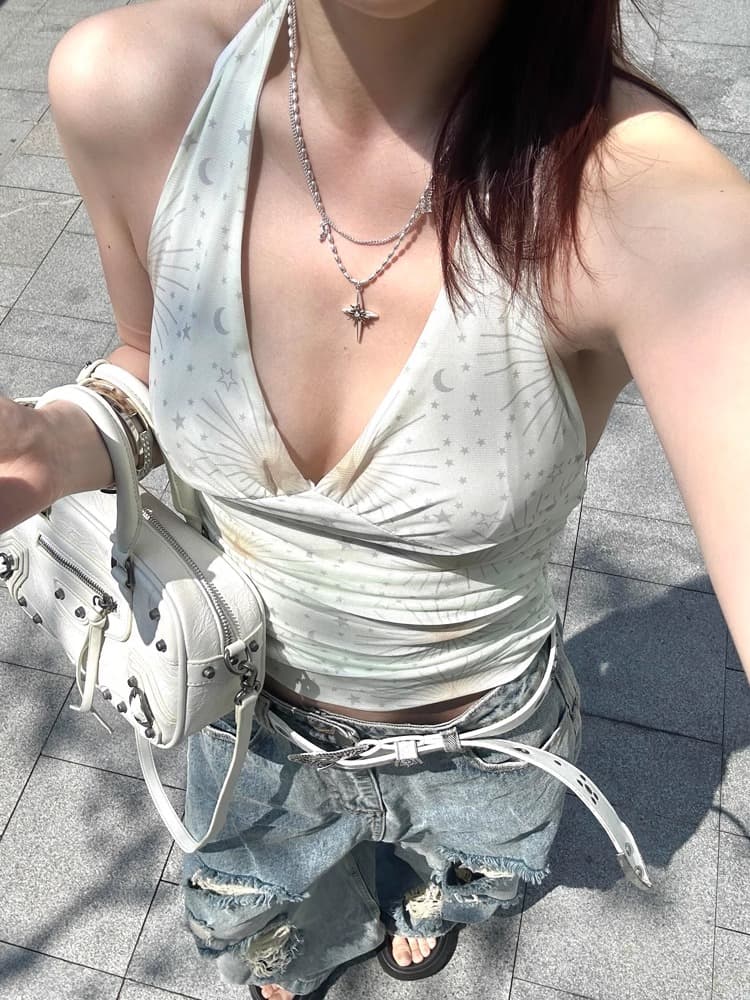 재고 있음 레트로 핫걸 바람 별 디자인 센스 행침 목 캐미솔 여름 순수한 욕망 바람 몸매 가꾸기 민소매 맨위 이미지 2