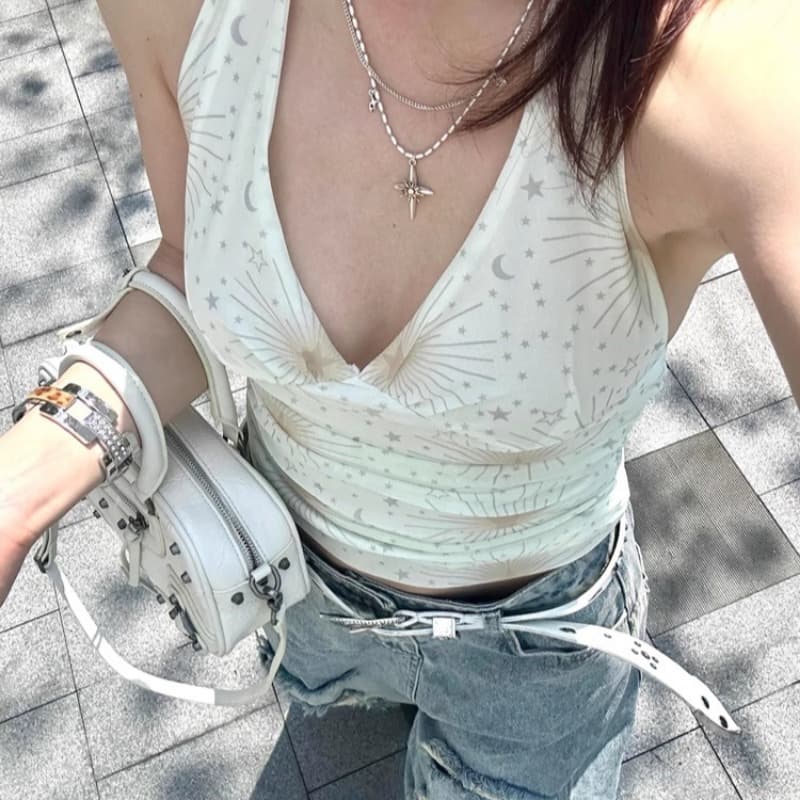 재고 있음 레트로 핫걸 바람 별 디자인 센스 행침 목 캐미솔 여름 순수한 욕망 바람 몸매 가꾸기 민소매 맨위 이미지 5