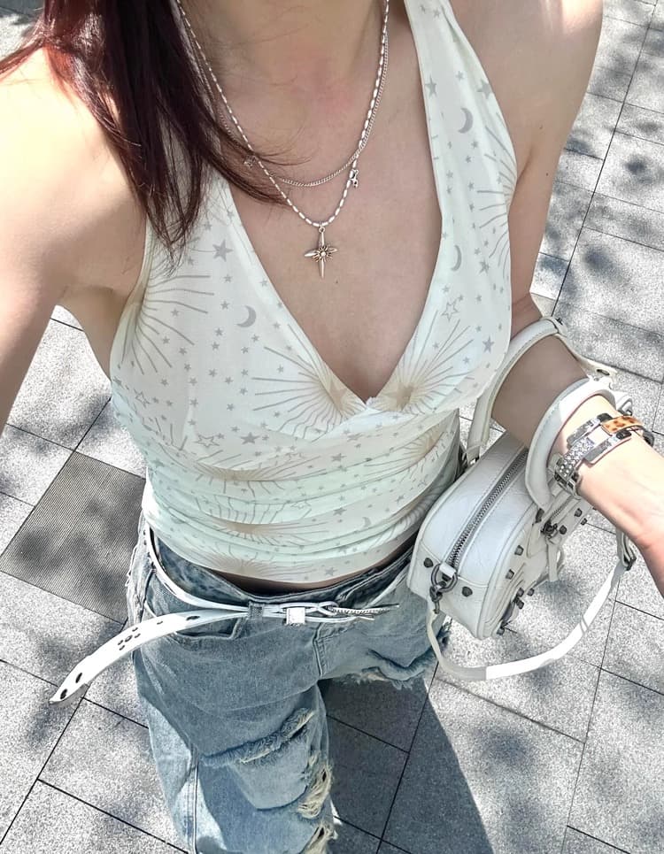 재고 있음 레트로 핫걸 바람 별 디자인 센스 행침 목 캐미솔 여름 순수한 욕망 바람 몸매 가꾸기 민소매 맨위 상세 이미지 4
