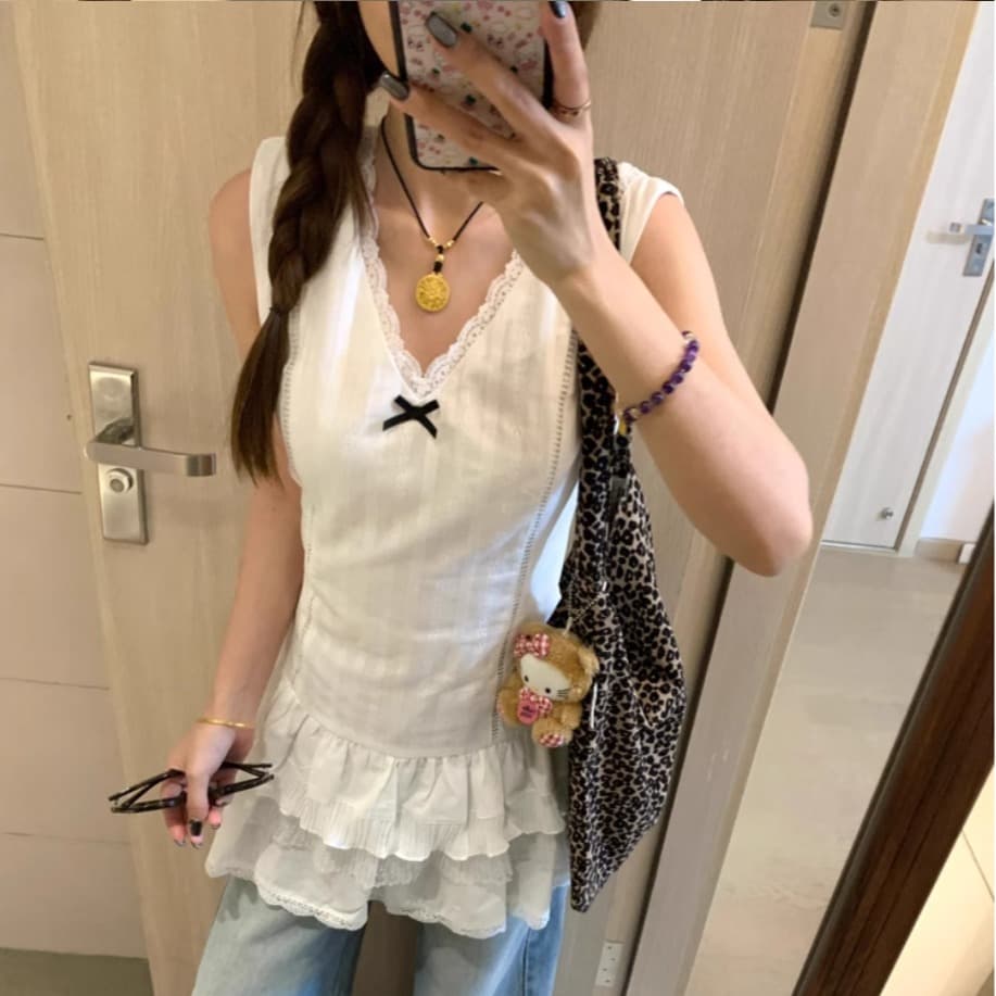 재고 있음 순수한 욕망 바람 레이스 레이스 조끼 여성 드레스 여름 디자인 센스 허리 수축 슬림해 보이는 민소매 한 마디 미니 스커트 이미지 5