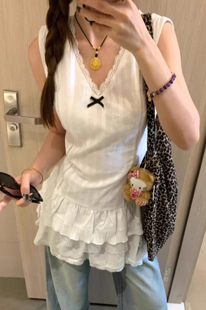 재고 있음 순수한 욕망 바람 레이스 레이스 조끼 여성 드레스 여름 디자인 센스 허리 수축 슬림해 보이는 민소매 한 마디 미니 스커트 이미지 6
