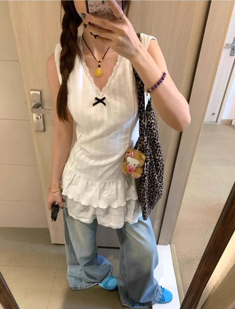 재고 있음 순수한 욕망 바람 레이스 레이스 조끼 여성 드레스 여름 디자인 센스 허리 수축 슬림해 보이는 민소매 한 마디 미니 스커트 상세 이미지 5
