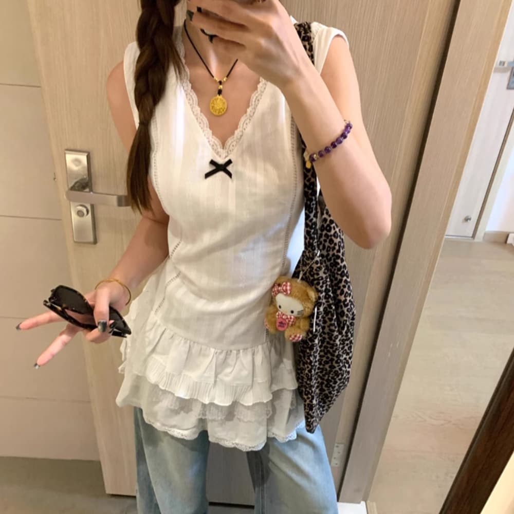 재고 있음 순수한 욕망 바람 레이스 레이스 조끼 여성 드레스 여름 디자인 센스 허리 수축 슬림해 보이는 민소매 한 마디 미니 스커트 상세 이미지 6