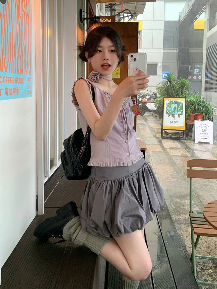 재고 있음 달콤함 패션 세트 여성 핫걸 소녀 센스 몸매 가꾸기 슬림해 보이는 캐주얼 미니 스커트 페이크 레이어드 민소매 맨위 상세 이미지 2