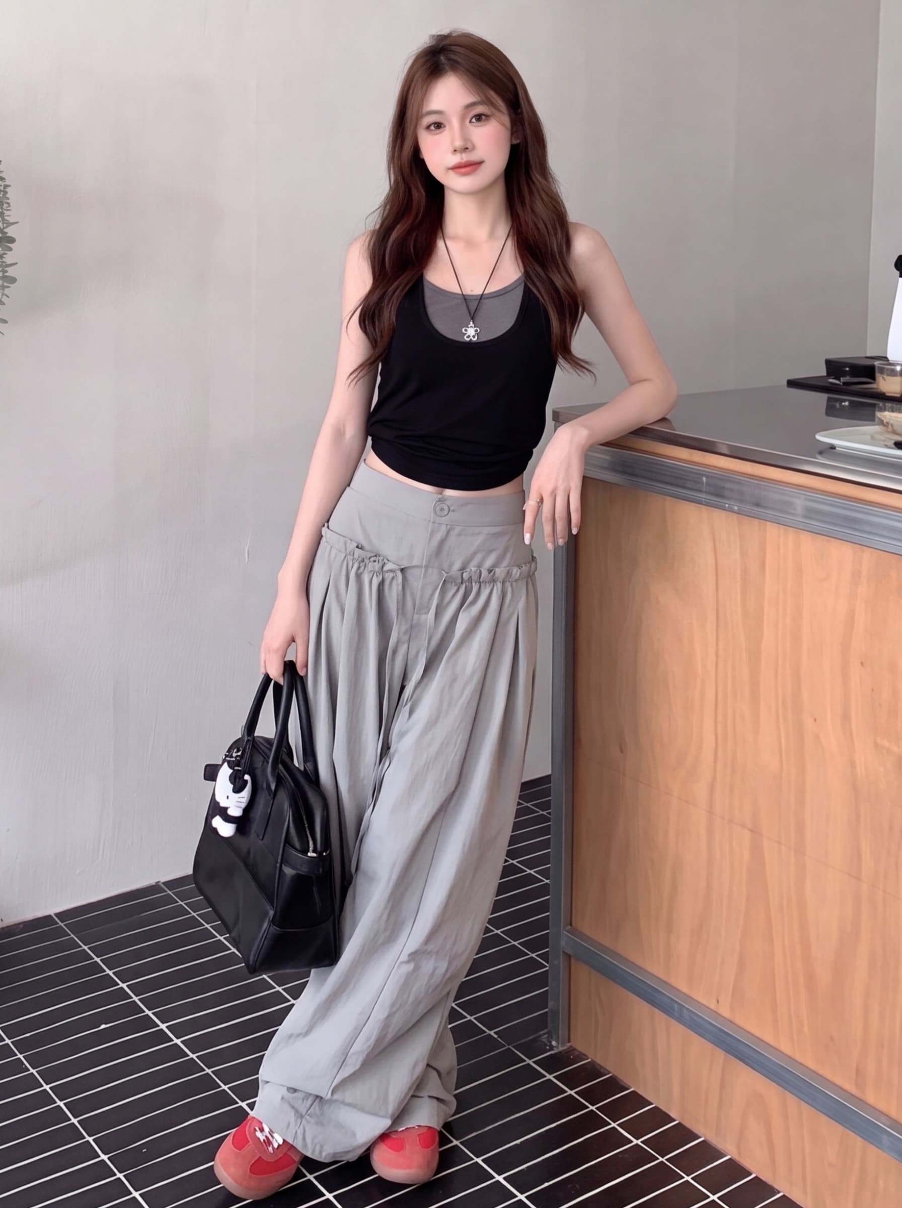 실사 디자인 센스 하이웨이스트 프릴 모통이 칼 바지 느긋한 바람 펌프 로프 슬림해 보이는 풍선 바지 다용도 캐주얼 바지 상세 이미지 10