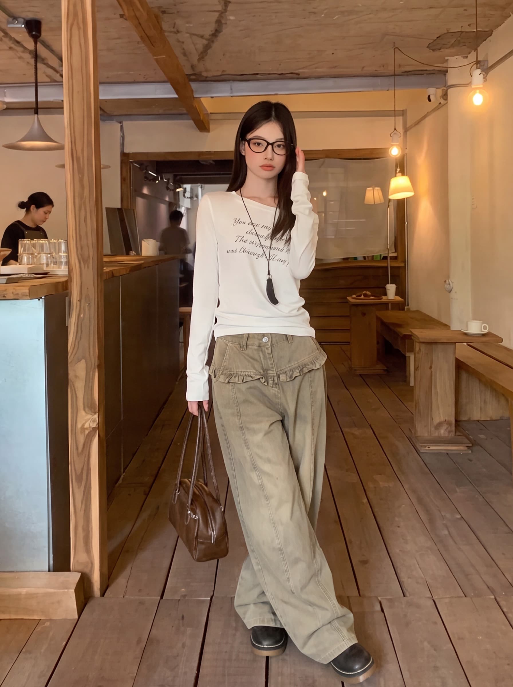실사 마 오래된 레이스 방귀 커튼 모통이 칼 바지 청바지 바지 여자 2026 가을 새로운 루즈핏 와이드 레그 팬츠 이미지 3