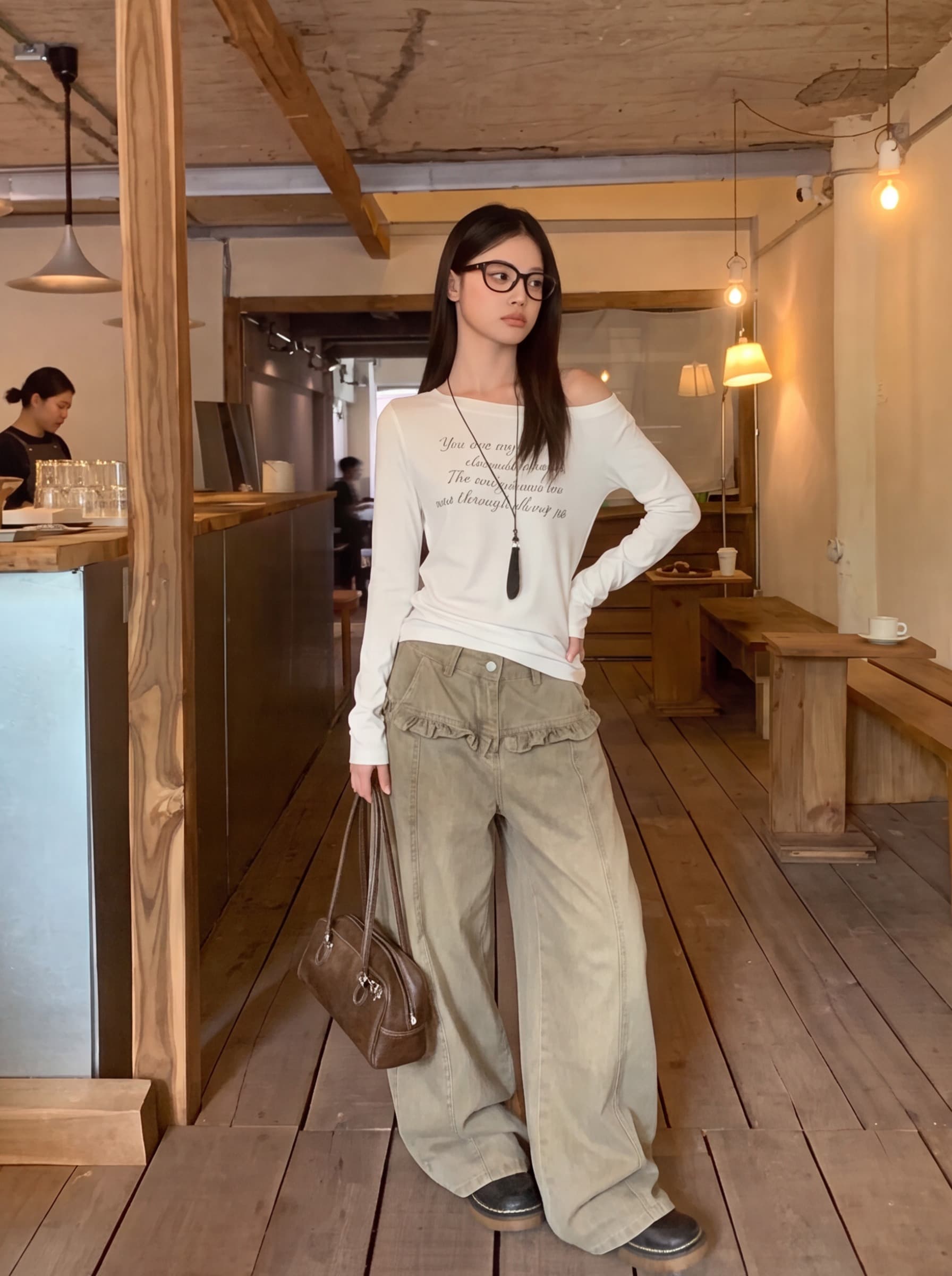 실사 마 오래된 레이스 방귀 커튼 모통이 칼 바지 청바지 바지 여자 2026 가을 새로운 루즈핏 와이드 레그 팬츠 상세 이미지 2