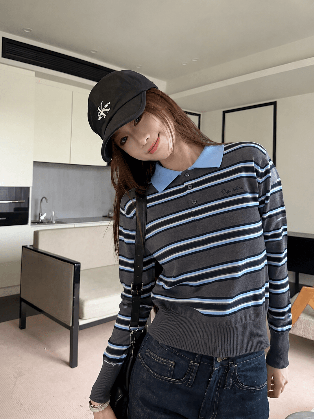 실사 한 부서 레트로 학원 POLO 칼라 해군 스트라이프 니트 스웨터 여자 가을 겨울 새로운 맨위
