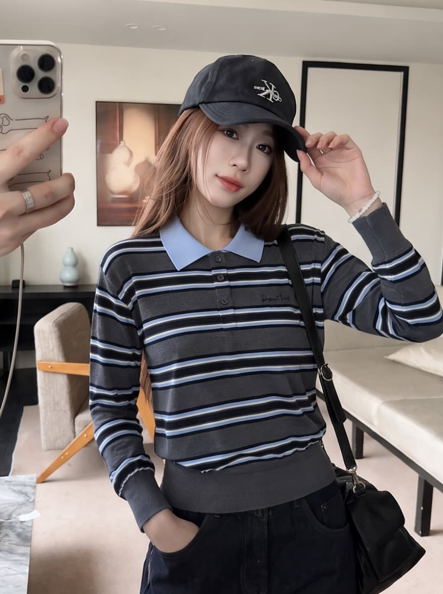 실사 한 부서 레트로 학원 POLO 칼라 해군 스트라이프 니트 스웨터 여자 가을 겨울 새로운 맨위 상세 이미지 4