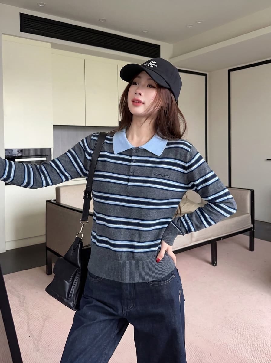 실사 한 부서 레트로 학원 POLO 칼라 해군 스트라이프 니트 스웨터 여자 가을 겨울 새로운 맨위 상세 이미지 9