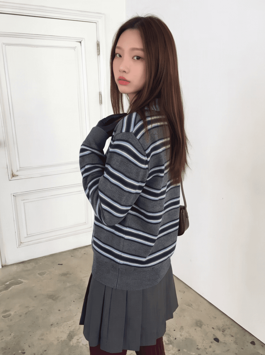 실사 한 부서 레트로 학원 POLO 칼라 해군 스트라이프 니트 스웨터 여자 가을 겨울 새로운 맨위 이미지 3