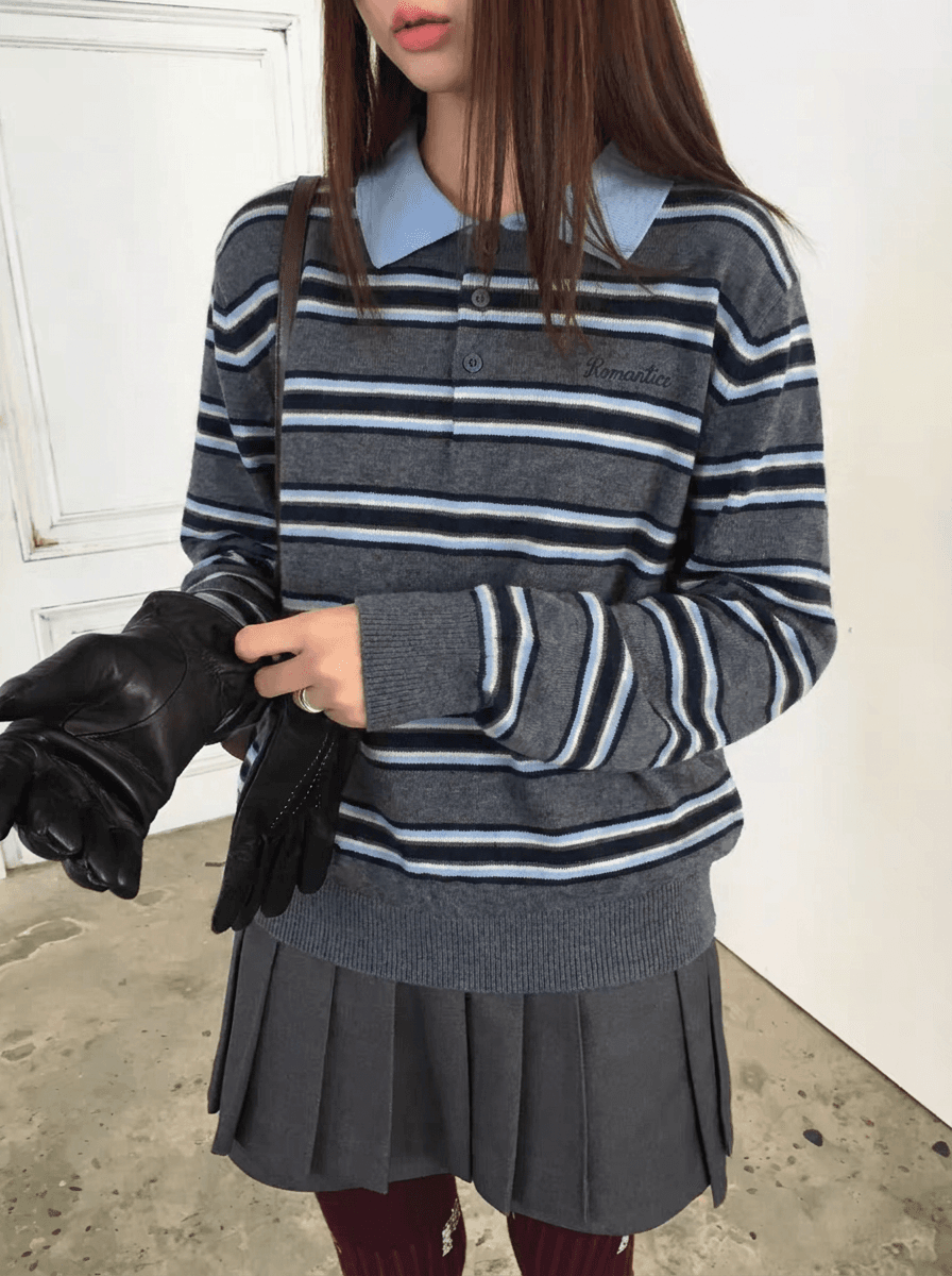 실사 한 부서 레트로 학원 POLO 칼라 해군 스트라이프 니트 스웨터 여자 가을 겨울 새로운 맨위