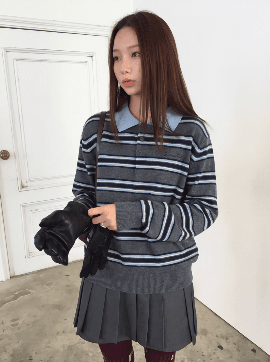 실사 한 부서 레트로 학원 POLO 칼라 해군 스트라이프 니트 스웨터 여자 가을 겨울 새로운 맨위 상세 이미지 1