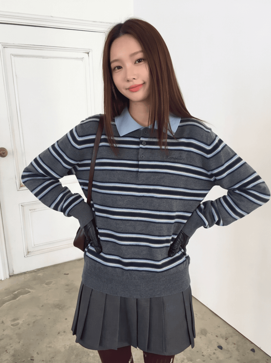 실사 한 부서 레트로 학원 POLO 칼라 해군 스트라이프 니트 스웨터 여자 가을 겨울 새로운 맨위 상세 이미지 2