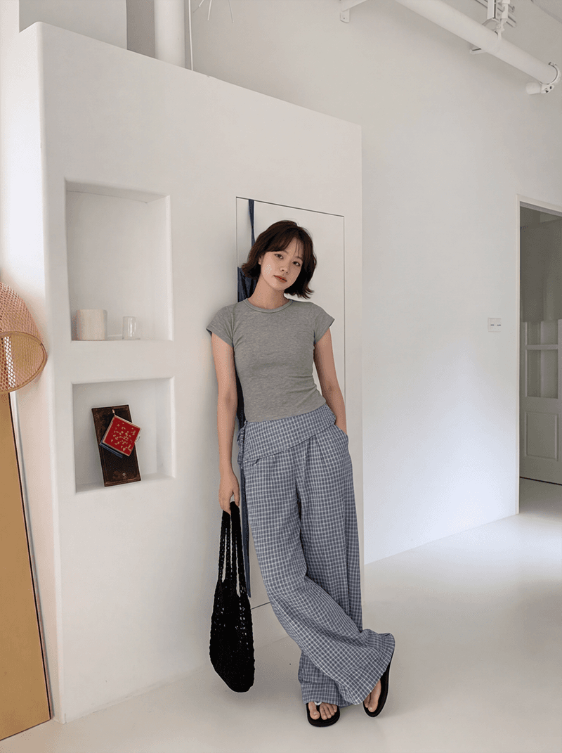 실사 블루 체크무늬 삼각형 수건 방귀 커튼 캐주얼 긴 바지 여성 여름 한 부서 다용도 느슨함 센스 와이드 레그 팬츠
