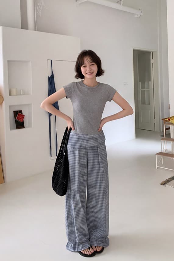 실사 블루 체크무늬 삼각형 수건 방귀 커튼 캐주얼 긴 바지 여성 여름 한 부서 다용도 느슨함 센스 와이드 레그 팬츠 이미지 6
