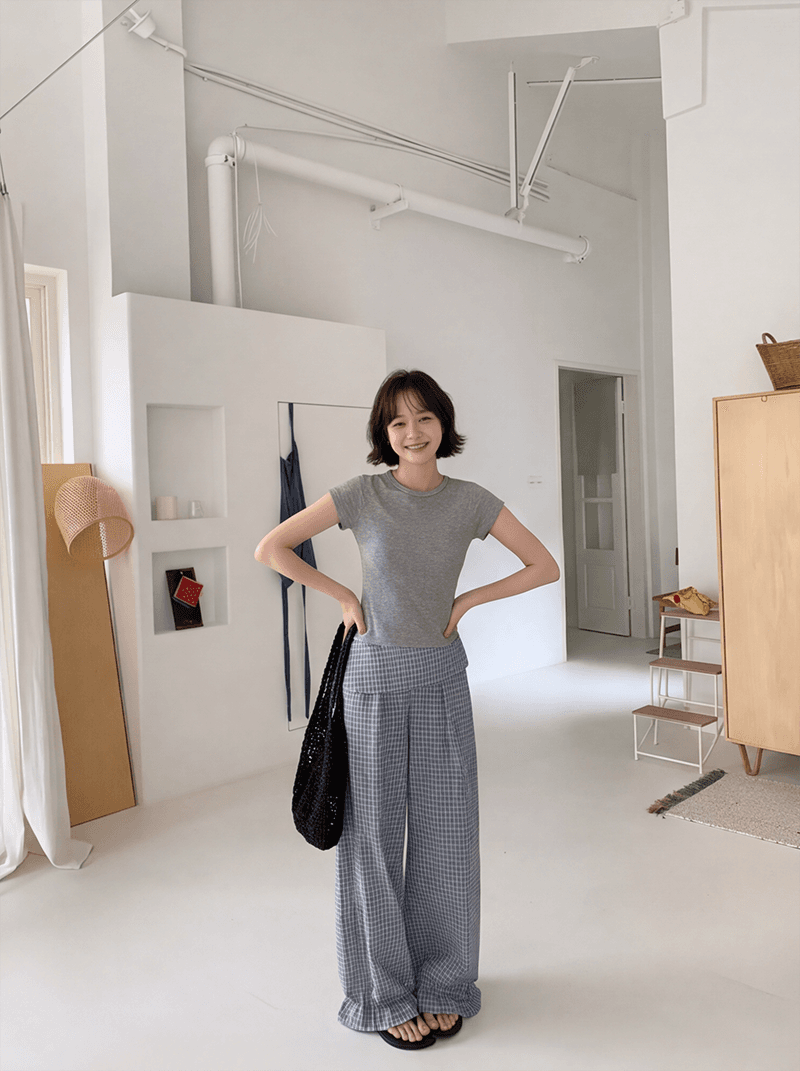실사 블루 체크무늬 삼각형 수건 방귀 커튼 캐주얼 긴 바지 여성 여름 한 부서 다용도 느슨함 센스 와이드 레그 팬츠 상세 이미지 1