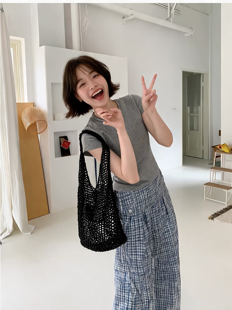 실사 블루 체크무늬 삼각형 수건 방귀 커튼 캐주얼 긴 바지 여성 여름 한 부서 다용도 느슨함 센스 와이드 레그 팬츠 상세 이미지 4