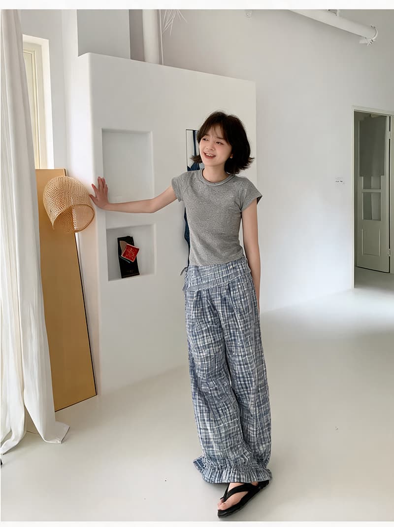 실사 블루 체크무늬 삼각형 수건 방귀 커튼 캐주얼 긴 바지 여성 여름 한 부서 다용도 느슨함 센스 와이드 레그 팬츠 상세 이미지 8