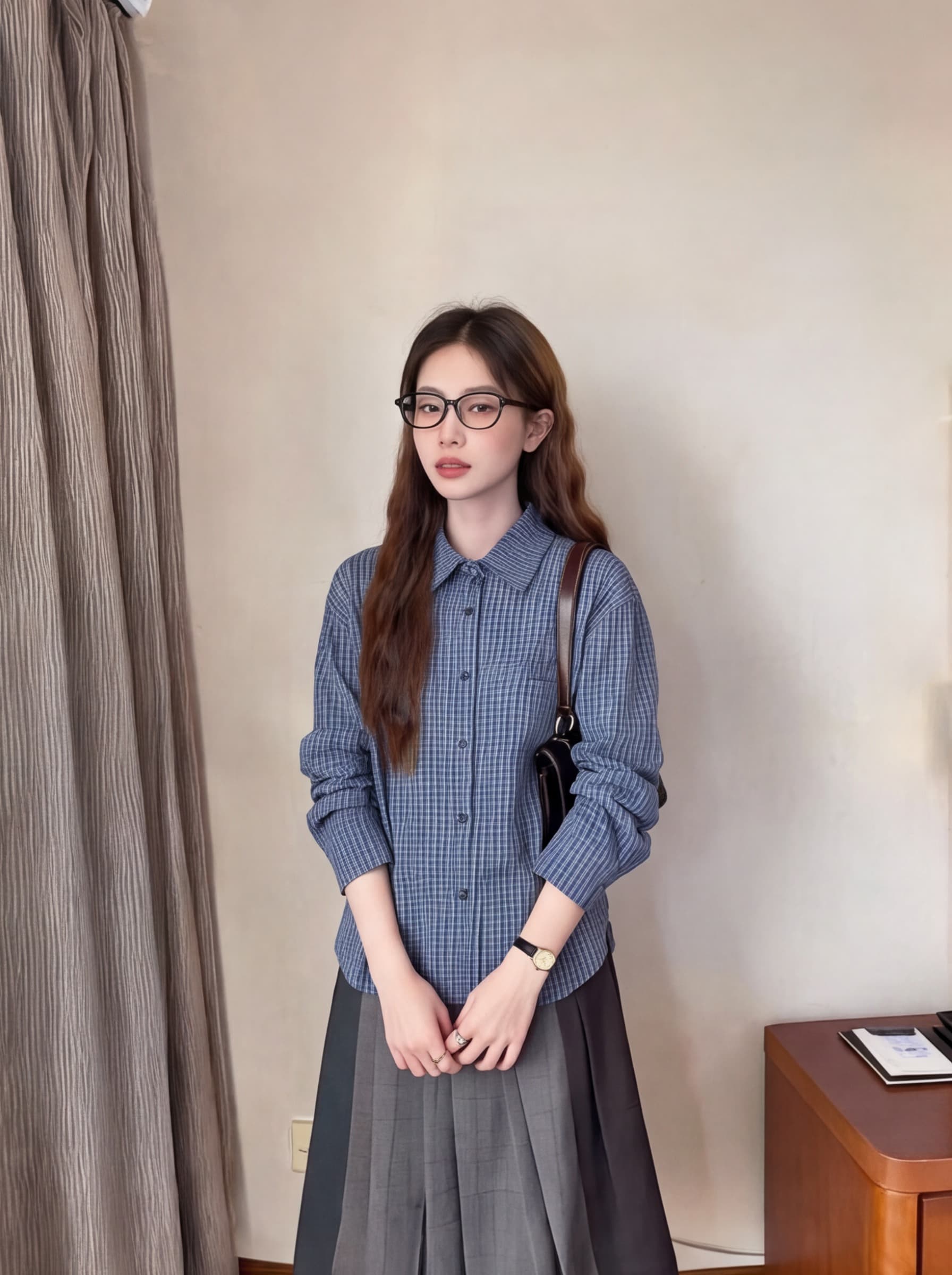 실사 높음 지혜 센스 한 부서 레트로 miu 부서 클래식 영국식 쇼트 스타일 격자 무늬 셔츠 출퇴근 학원 센스 상세 이미지 3
