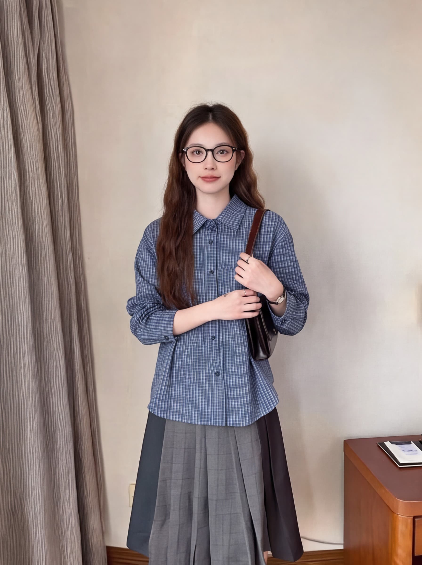 실사 높음 지혜 센스 한 부서 레트로 miu 부서 클래식 영국식 쇼트 스타일 격자 무늬 셔츠 출퇴근 학원 센스 상세 이미지 5