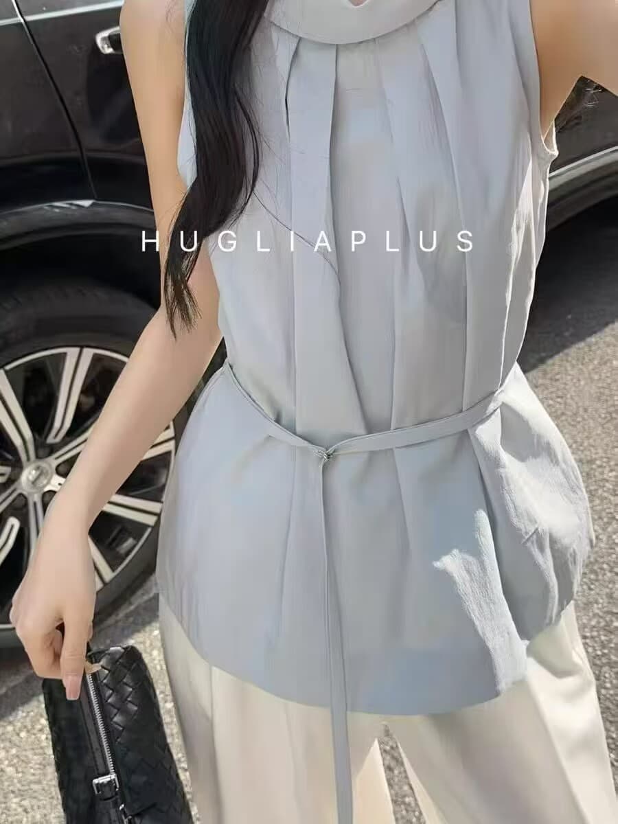 디자인 센스 폴로 칼라 민소매 여성 셔츠 2026 여름 새로운 허리 수축 스트랩 프릴 작은 대중 맨위 트렌디 이미지 2