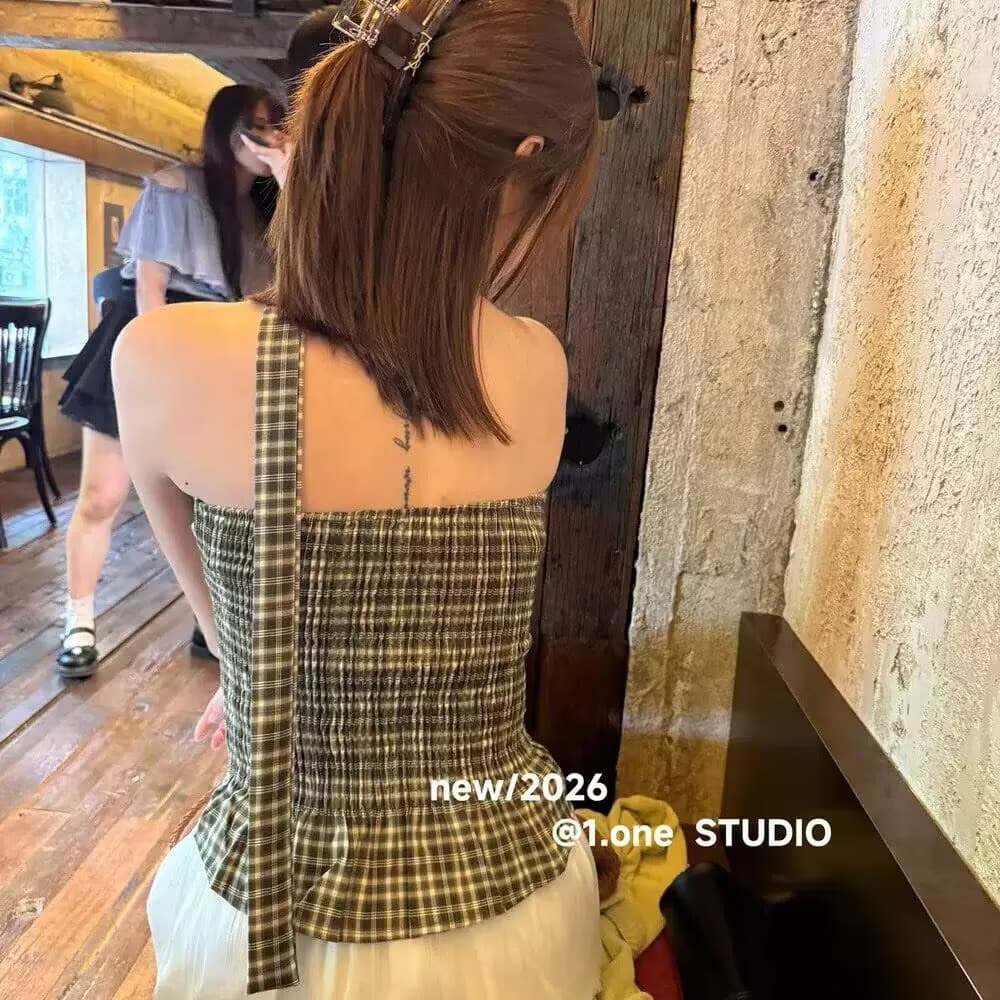 2026 고급 센스 체크무늬 행침 목 튜브탑 조끼 여성 여름 프릴 보트넥 오프숄더 핫걸 다용도 맨위 상세 이미지 2