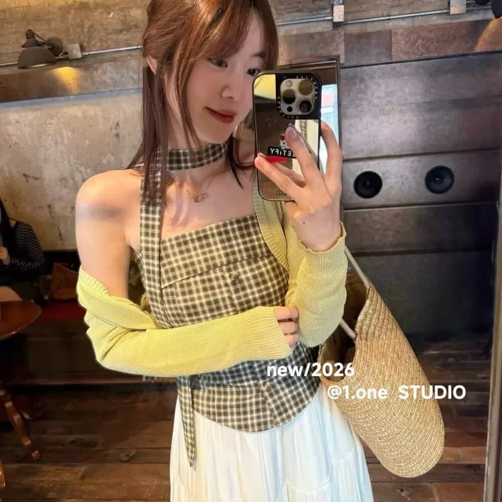 2026 고급 센스 체크무늬 행침 목 튜브탑 조끼 여성 여름 프릴 보트넥 오프숄더 핫걸 다용도 맨위 상세 이미지 3